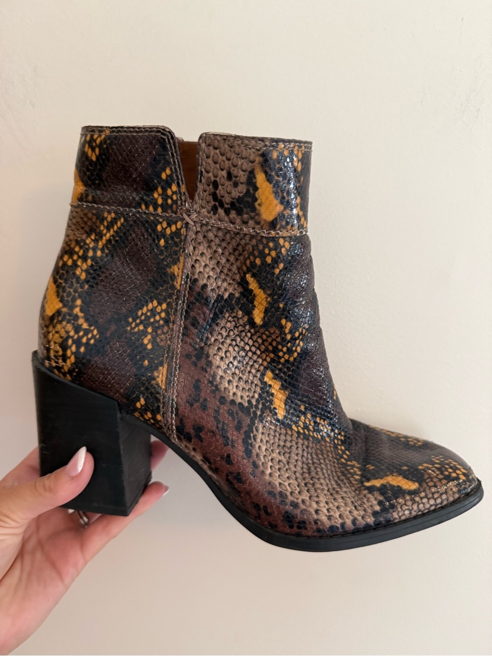 Franco Sarto Snake-Print Ankle Boots in Brown and Yellow
